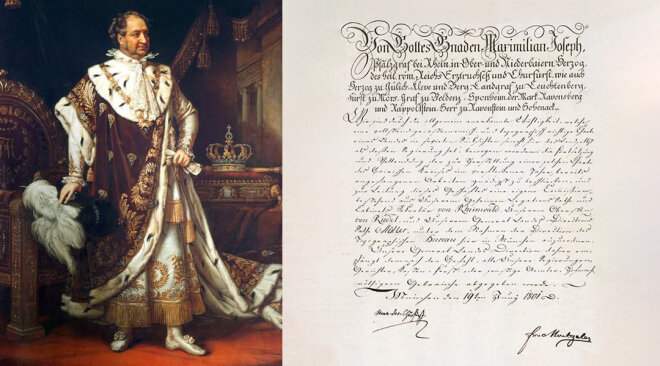 Links das Gemälde von Max Joseph, rechts eine handschriftliche Urkunde